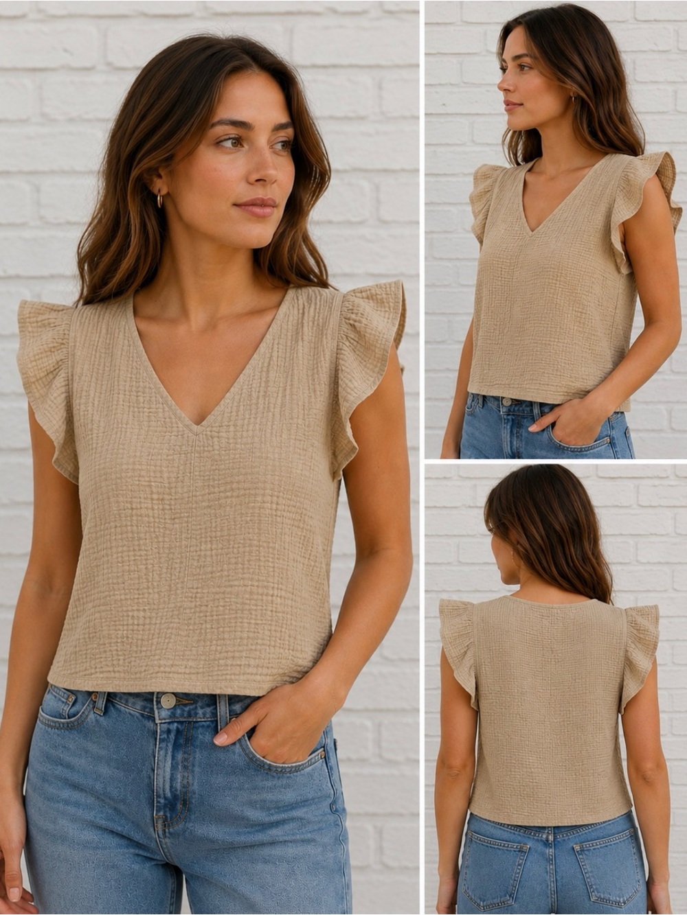 Rails cloud gauze cotton V-Neck Ruffle Sleeve Top in soft Beige L